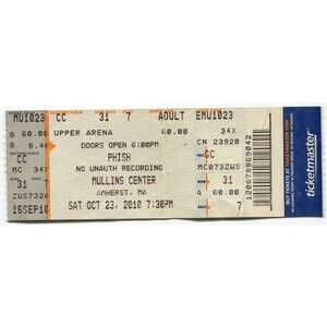 Vintage 2010 Phish Full Untorn Concert Ticket Stub Amherst MA